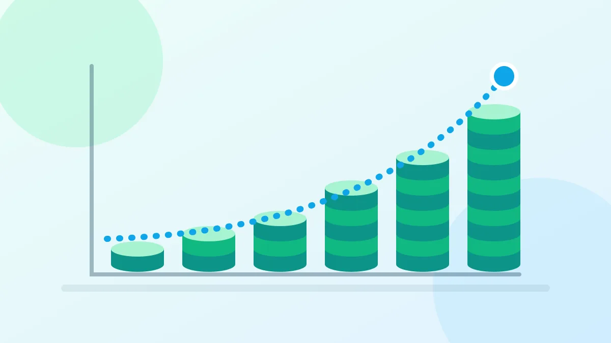 Stacks of coins growing taller in steps under a rising curve, showing interest earning interest
