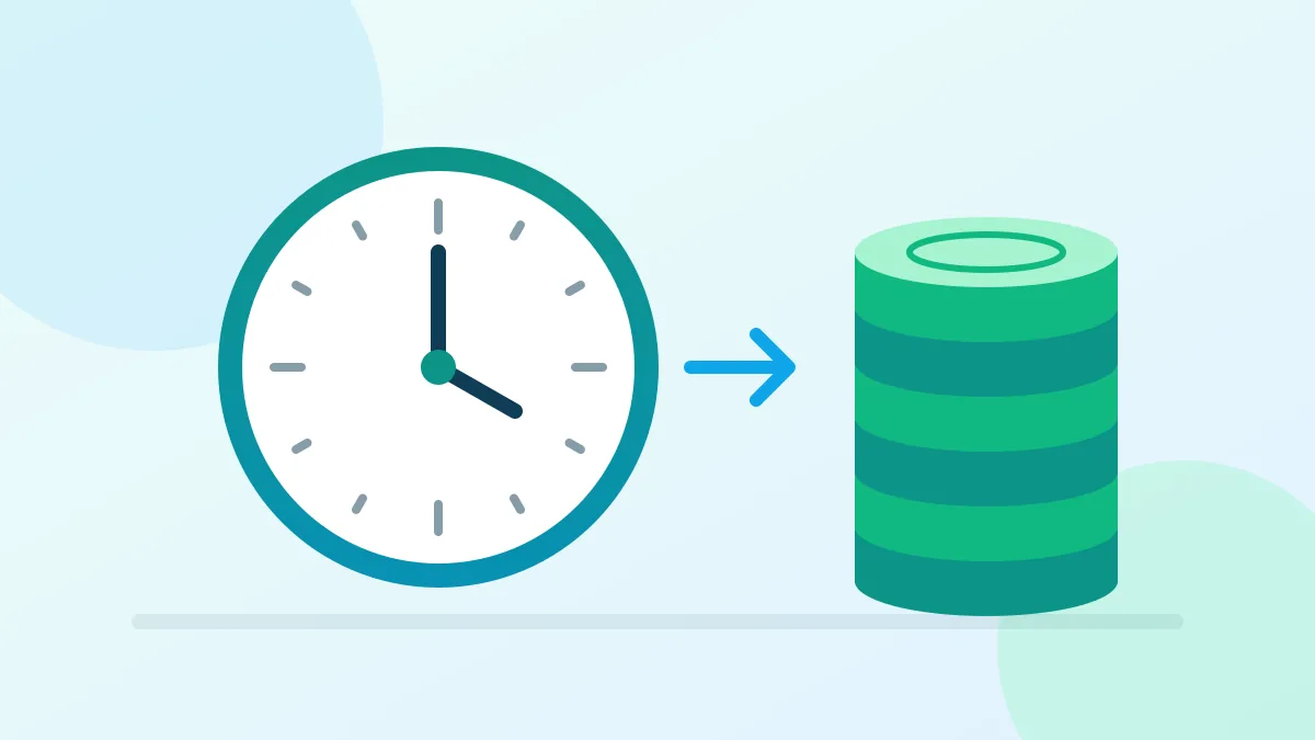 A clock with an arrow pointing to a stack of coins, turning hours worked into yearly pay